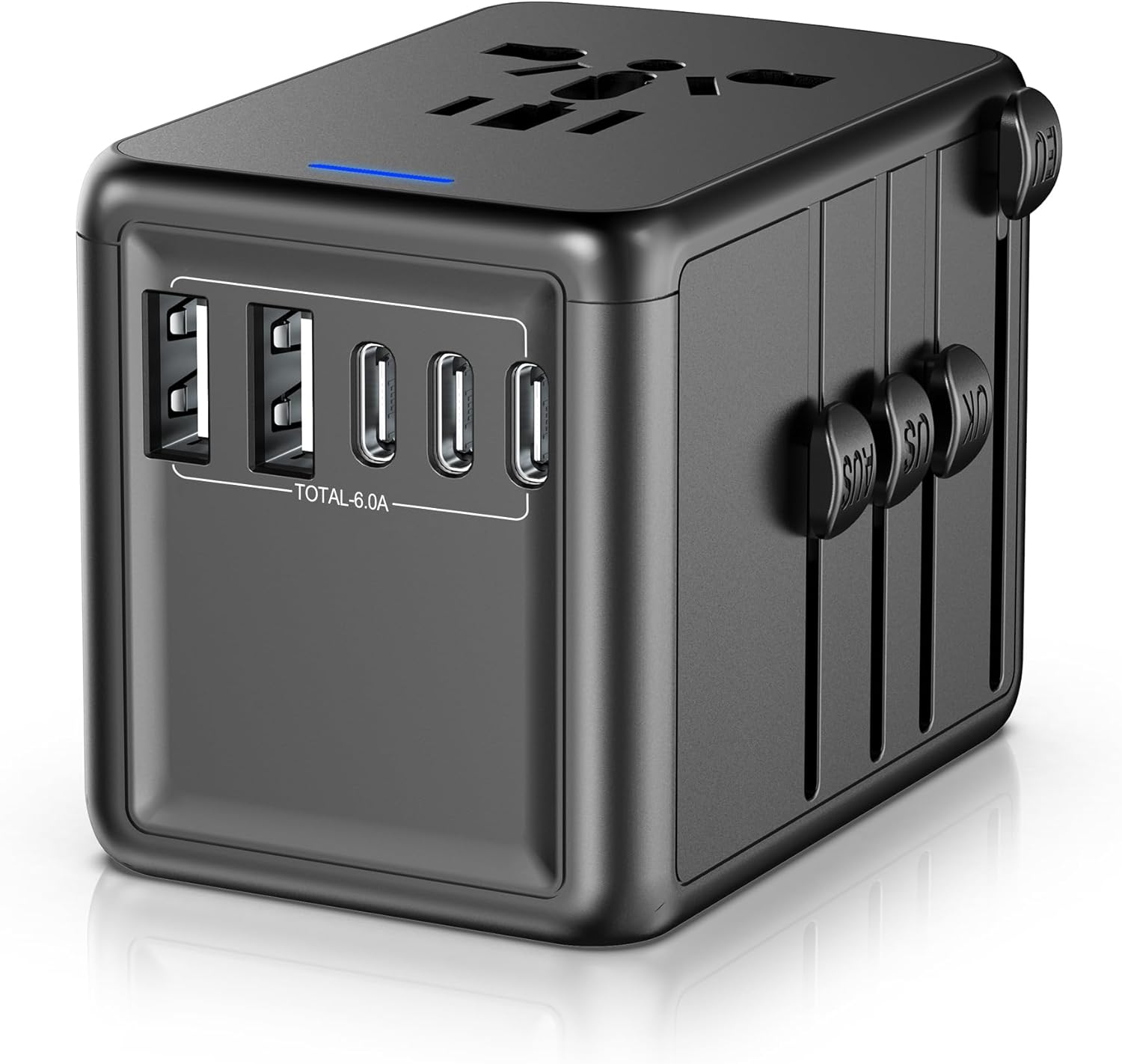 URJD Universal Travel Adapter, 6.0A 30W 5 USB C/A Ports + 2500W AC Outlets, International Power Adapter for All USB Devices, Multi Plugs 110V 220V A/C, European Travel Plug Adapter for 200+ Countries