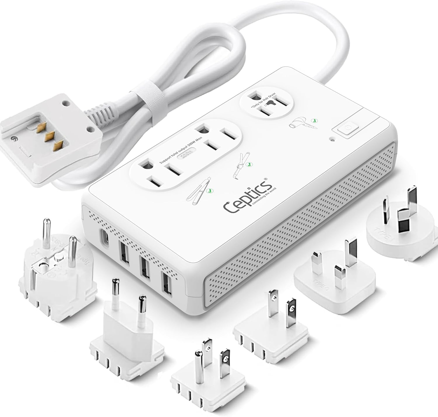 Ceptics 2000W Travel Voltage Converter for Hair Dryer & 200W Convert 220V to 110V for Curling Iron, Straightener, Chargers, Step Down World Power 4 USB Charging QC 3.0 SWadApt Type A, B, C, E/F, G, I