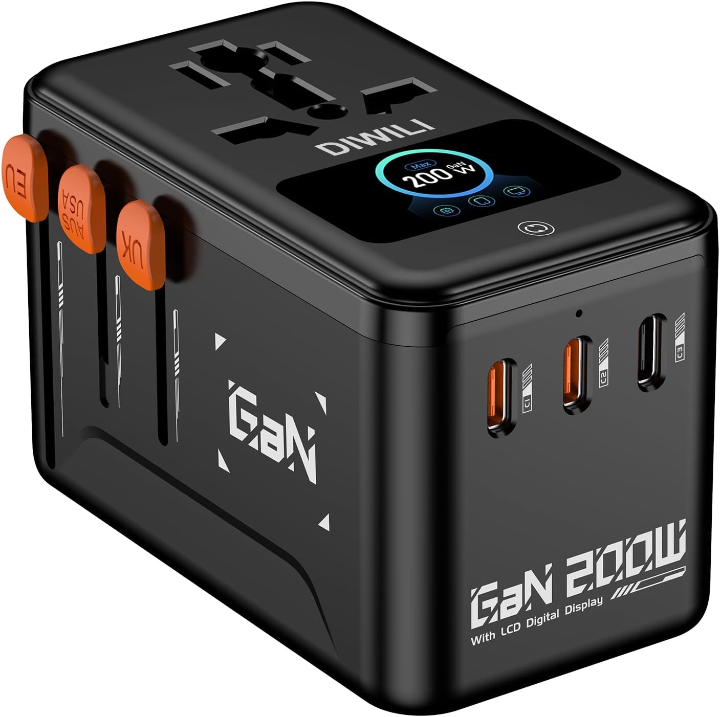 DIWILI 200W GaN Universal Travel Adapter with Smart Display